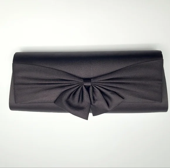 Vintage Le Château Black Satin Evening Clutch Bag w Bow | Formal Prom Wedding - Picture 3 of 16